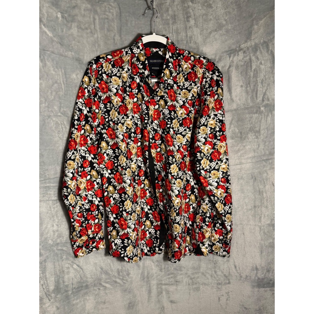 Silver Stone Mens Floral Button Down Shirt Modern Fit‎ Red Yellow Roses Large